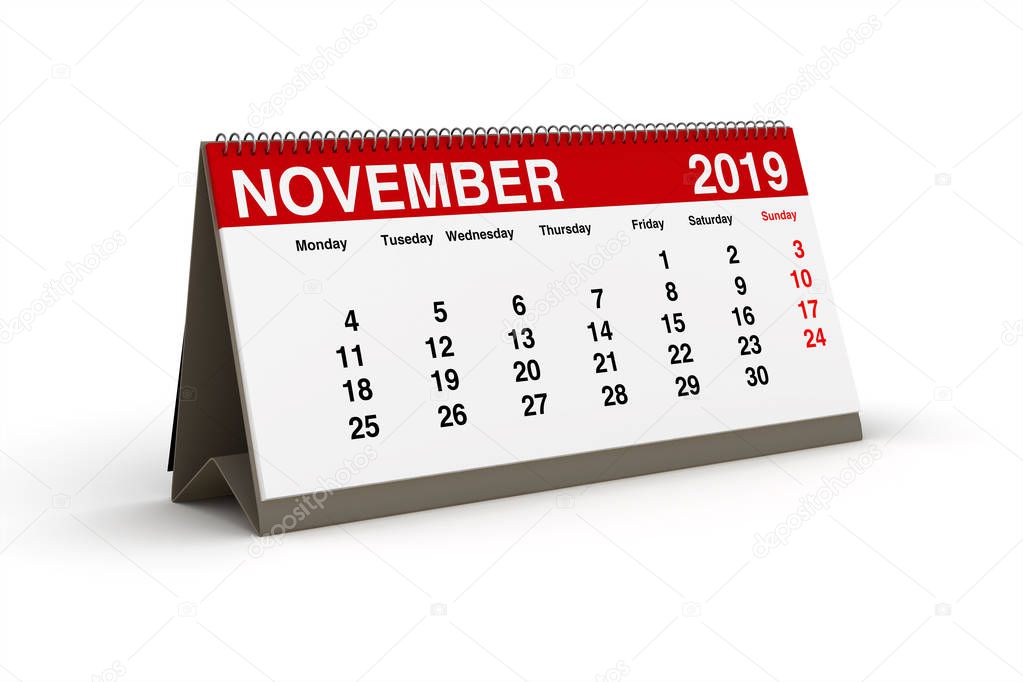 November 2019 - desk calendar as a 3d illustration