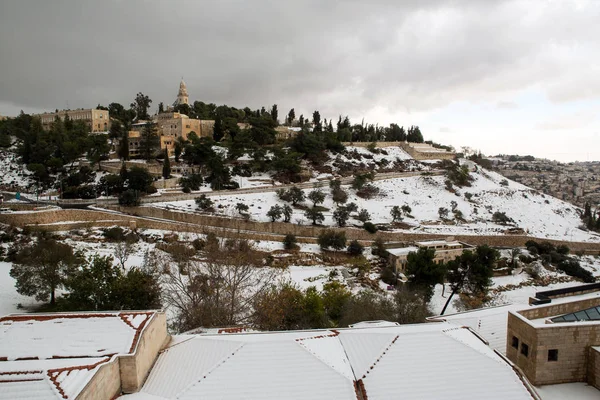Jerusalén Ciudad Vieja Pueblos Alrededor Durante Una Tormenta Nieve — Foto de Stock