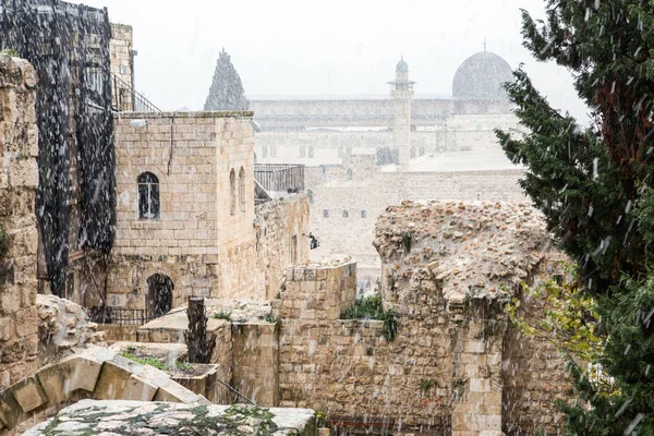 Berg Van Tempel Jeruzalem Koepel Van Rots Sneeuw — Stockfoto