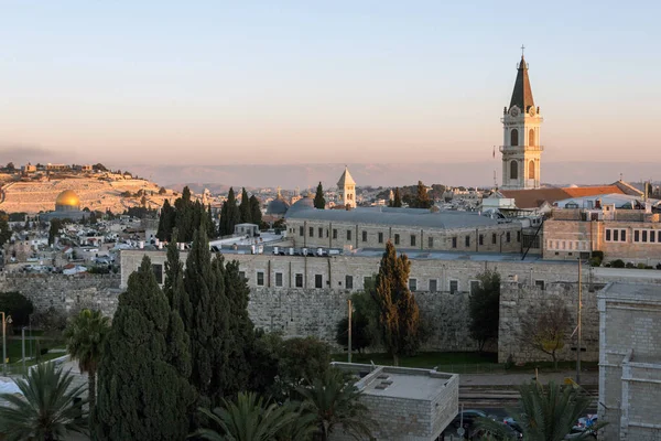 Montaña Del Templo Jerusalén Vista Aérea Ciudad Vieja Atardecer —  Fotos de Stock