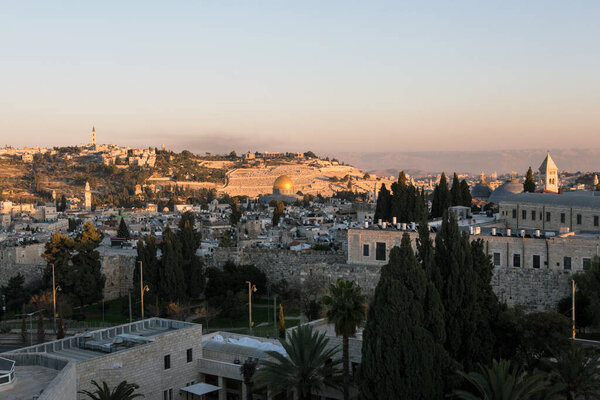 Old city aerial view on sunset from Notre Dame of Jerusalem Center