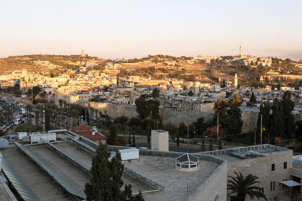 Old city aerial view on sunset from Notre Dame of Jerusalem Center