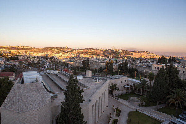 Old city aerial view on sunset from Notre Dame of Jerusalem Center