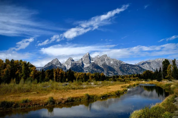 Στις Απόκρημνες Κορυφές Του Grand Tetons Και Ποταμός Φιδιών Στο — Φωτογραφία Αρχείου