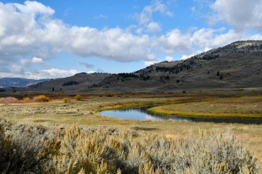 A calm bend of Slough Creek winds through sagebrush and willows beneath a wide sky in Yellowstone National Park.