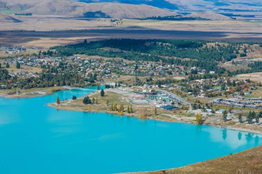 Hava görünümünü: Lake Tekapo dan Mount John Gözlemevi Canterbury, Yeni Zelanda