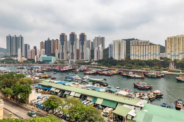 Вид Воздуха Гавань Абердина Убежище Тайфуна Абердине Гонконге Стоковая Картинка