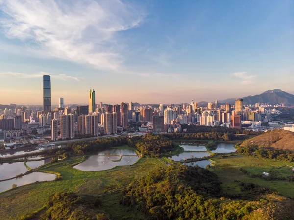 Skyline Ciudad Shenzhen China Atardecer Visto Desde Frontera Hong Kong — Foto de Stock