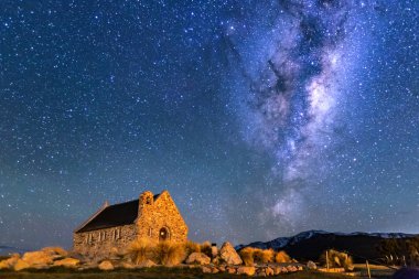 Milky Way Rising Above Church Of Good Shepherd, Tekapo NZ with Aurora Australis Or The Southern Light Lighting Up The Sky . Noise due to high ISO; soft focus / shallow DOF due to wide aperture used. clipart