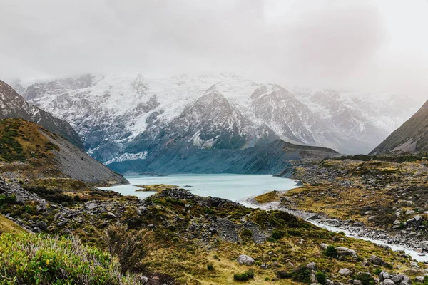 新西兰胡克山谷小径徒步旅行 青崎山国家公园的风景 雪山覆盖 — 图库照片