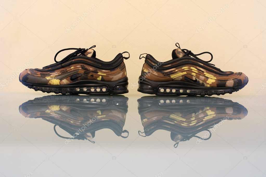 Pavia, Italy - February 01, 2018: Pair of Nike Air Max 97 Premium Camo Pack Italy