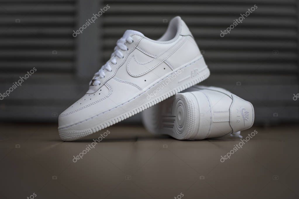 Pavia, Italy - April 4, 2019: Nike Air Force One shoes at home - illustrative editorial
