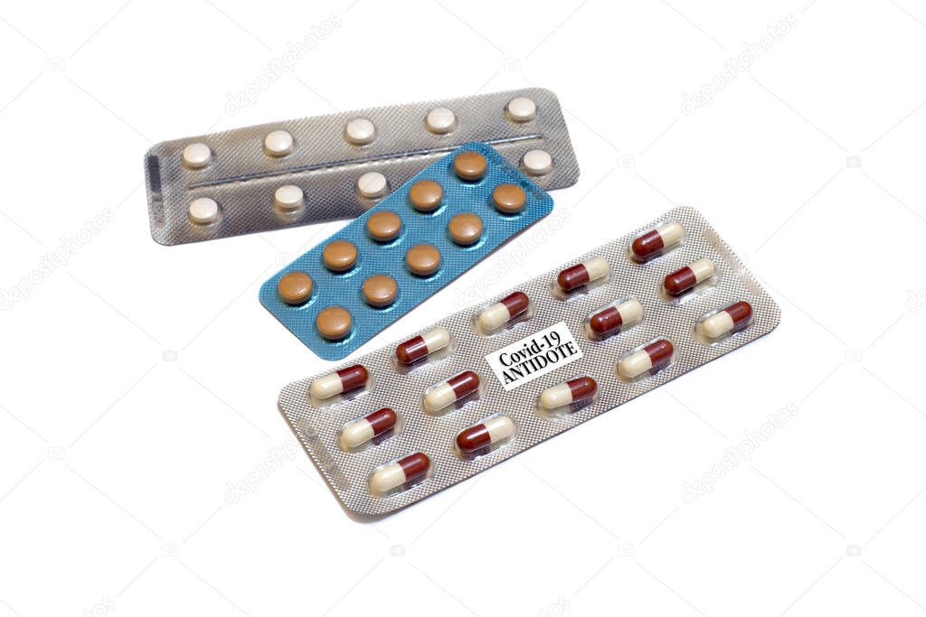 Concept photo : Antidote pills for Covid-19 virus