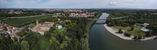 Veduta Aerea Panoramica Pavia Chiesa Romanica San Lanfranco Sinistra Fiume — Foto Stock