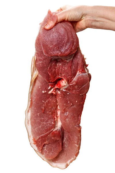 Trozo Carne Cruda Mano Aislada Sobre Fondo Blanco — Foto de Stock