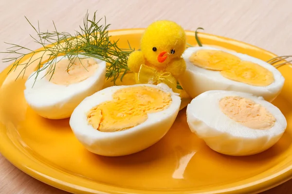Four Halves Boiled Eggs Yellow Plate Toy Chicken Egg Two — Stock Photo, Image