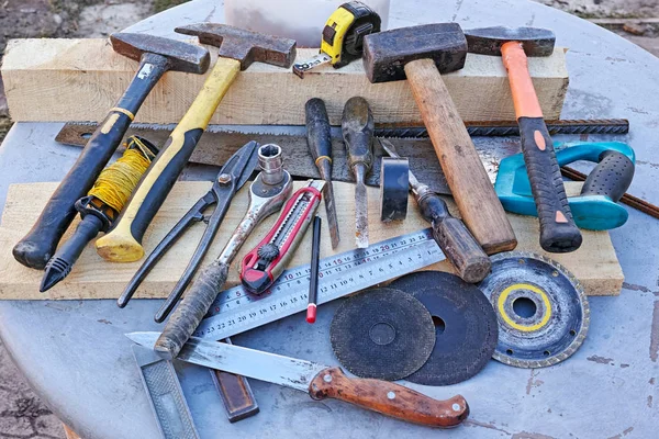 Different Old Hand Made Tools Table View Top — Stock Photo, Image