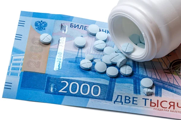 Blue Pills 2000 Rubles Banknote White Background — Stock Photo, Image