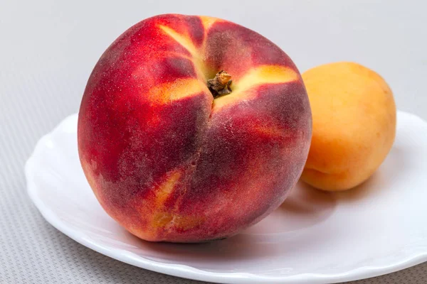 Ripe Peach Apricot White Plate — Stock Photo, Image