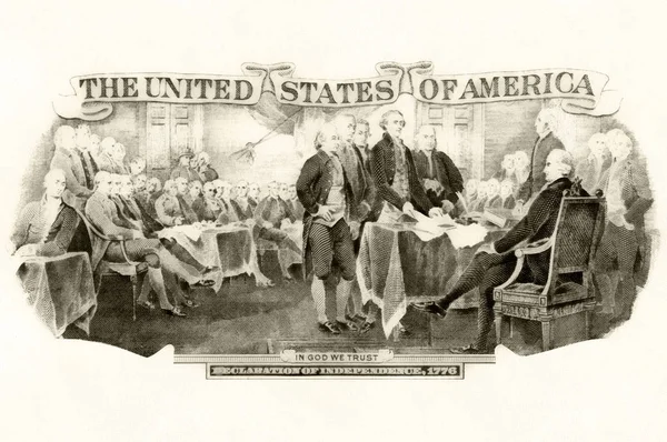 Bild Ämnet Självständighetsförklaringen Från Baksidan Två Dollar Bill Stockbild