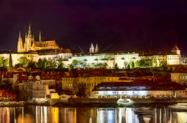 Prague Çek Cumhuriyeti Çizim Suluboya Gece Vltava Nehri Nin Sol — Stok fotoğraf