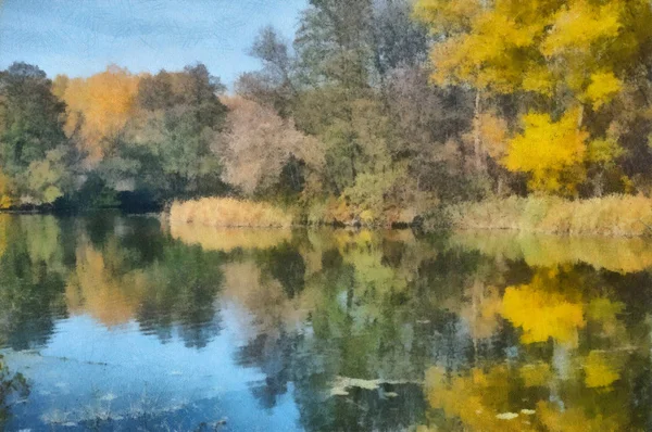 Acuarela Dibujo Paisaje Con Río Bosque —  Fotos de Stock