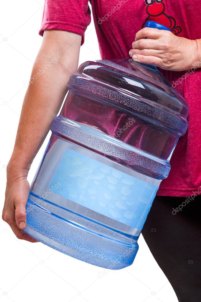 Woman carries a large bottle drinking water 20 liters