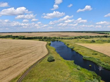 Güneşli bir günde hasat ile gölet ve alanlar