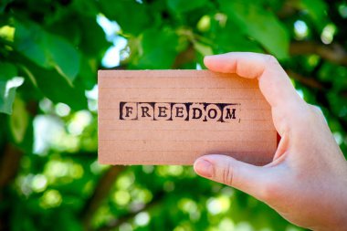 Özgürlük yeşil doğa arka plan siyah alfabe pullar tarafından yapılan kelime ile karton kartı tutan kadın el. 