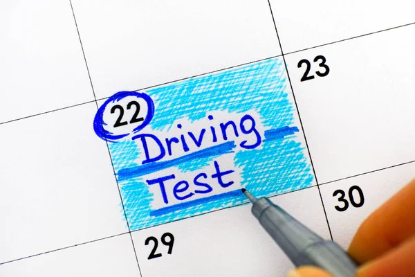 Woman Fingers Pen Writing Reminder Driving Test Calendar Close — Stock Photo, Image
