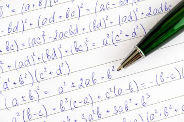 Cebirsel formüller ve tükenmez kalem. Yakın çekim.