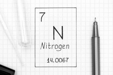 The Periodic table of elements. Handwriting chemical element Nitrogen N with black pen, test tube and pipette. Close-up. clipart