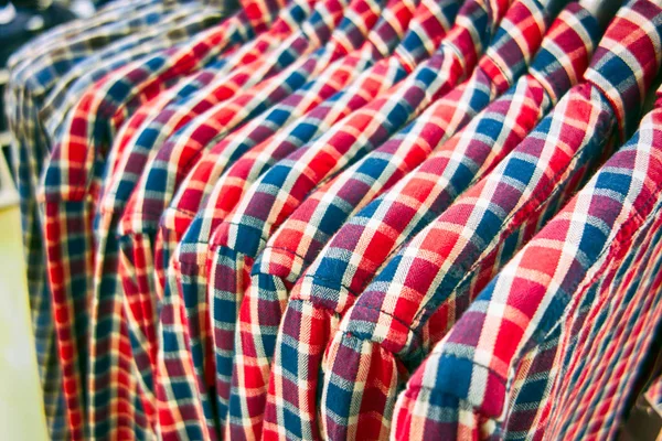 Row Plaid Shirts Hanging Hangers Store Close — Stock Photo, Image