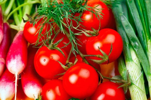 Wiśniowe Pomidory Rzodkiewka Dymki Szczelnie Góry — Zdjęcie stockowe