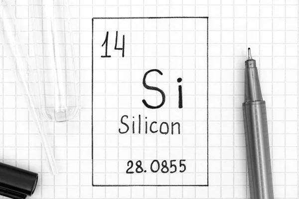 Tableau Périodique Des Éléments Éléments Chimiques Écriture Silicon Avec Stylo — Photo