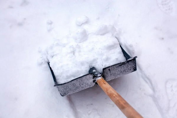 Shovel for snow cleaning in snow. Close-up.
