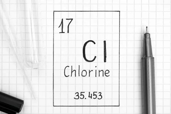 Периодическая Таблица Элементов Химический Элемент Почерка Chlorine Черной Ручкой Пробиркой — стоковое фото