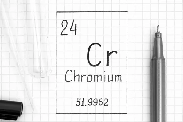 Układzie Okresowym Pierwiastków Pisma Pierwiastka Chemicznego Chromu Czarne Pióro Probówki — Zdjęcie stockowe