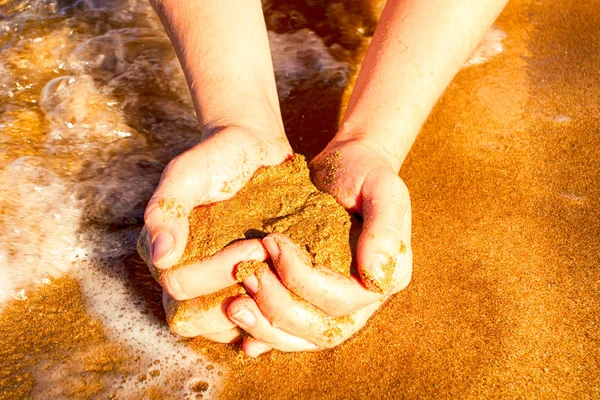 Palme da donna piene di sabbia marina contro riva . — Foto Stock