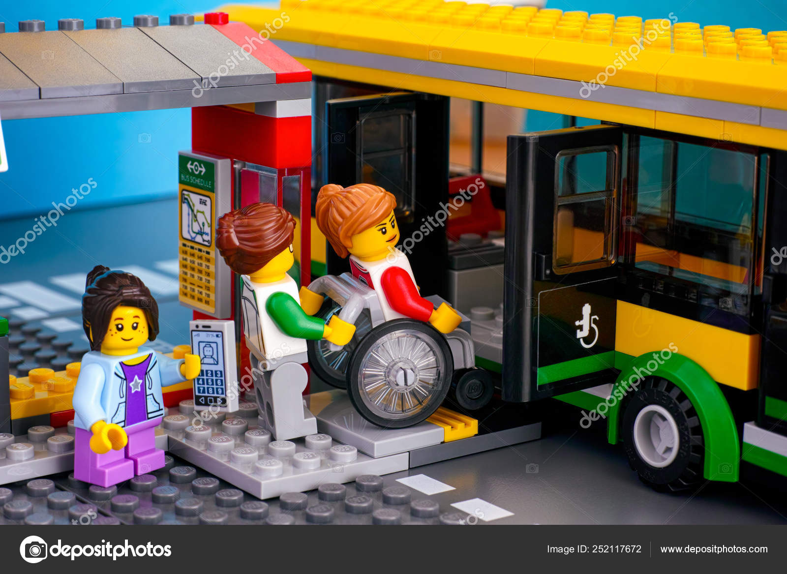 Lego Bus Station with bus and passenger - woman helping woman in