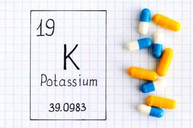 El yazısı kimyasal element potasyum K hapları. 