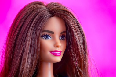 Kahverengi saçlı Barbie Bebek portresi. Pembe arka plan.