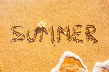 Kelime Yaz dalga ve çiçek ile deniz kumu üzerine yazılmış. 