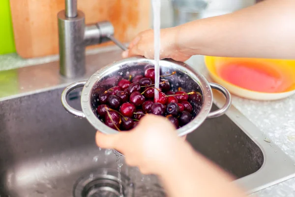 Woman hands washing cherries in colander in domestic kitchen.