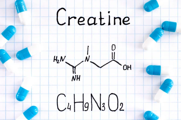 Kemisk Formel Kreatin Med Några Piller Närbild — Stockfoto