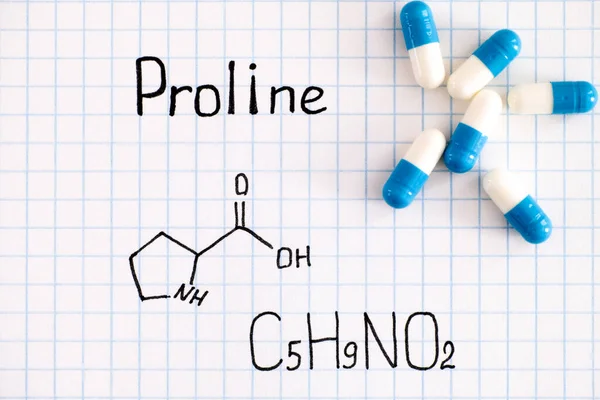 Fórmula Química Proline Con Algunas Pastillas Primer Plano — Foto de Stock