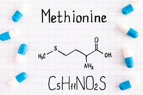 Kemisk Formel Metionin Med Några Piller Närbild — Stockfoto