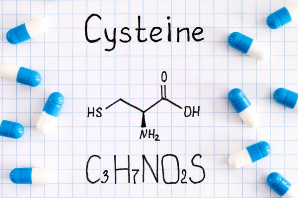 Kemisk Formel Cystein Med Några Piller Närbild — Stockfoto