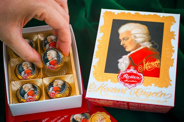 Tambov Russian Federation February 2020 Person Hand Taking Mozart Candy — Stock Photo, Image