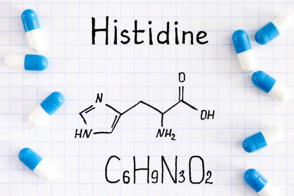 Kemisk Formel Histidin Med Några Piller Närbild — Stockfoto